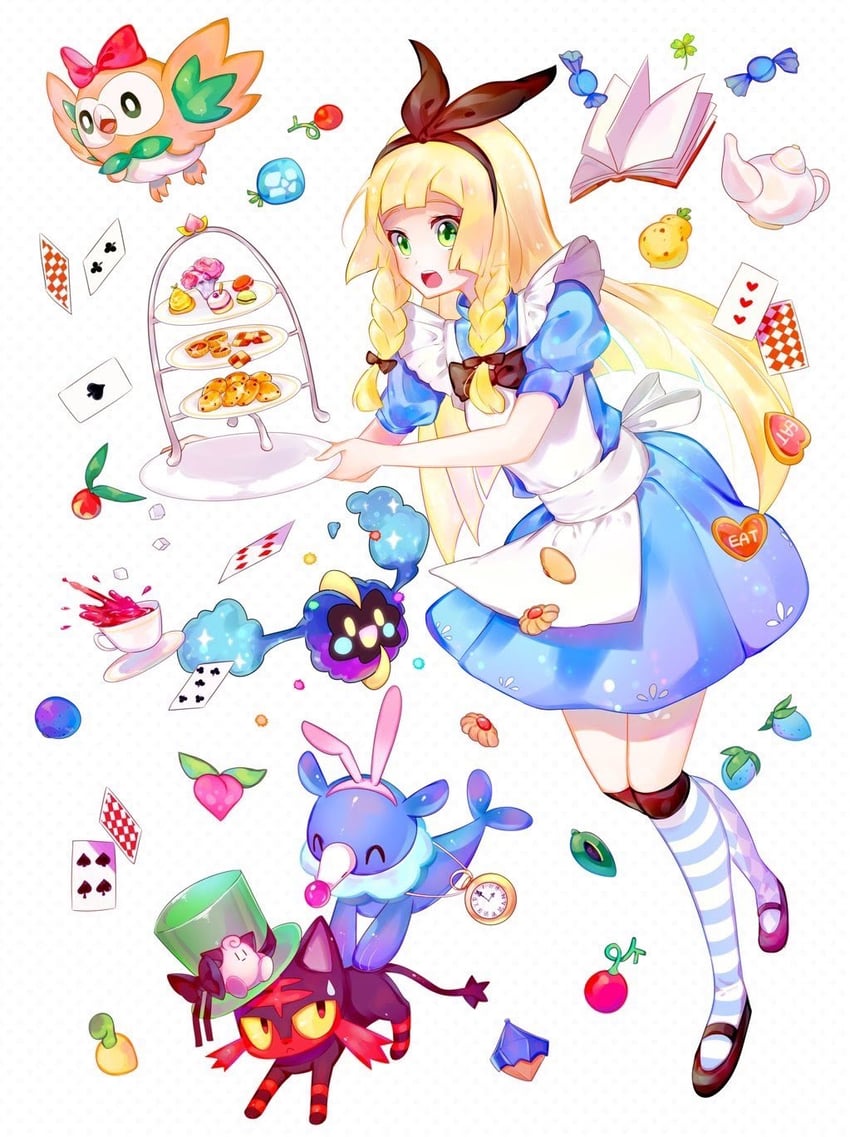 lillie, alice, rowlet, popplio, litten, and 1 more (pokemon and 2 more) drawn by sekaiitinoki