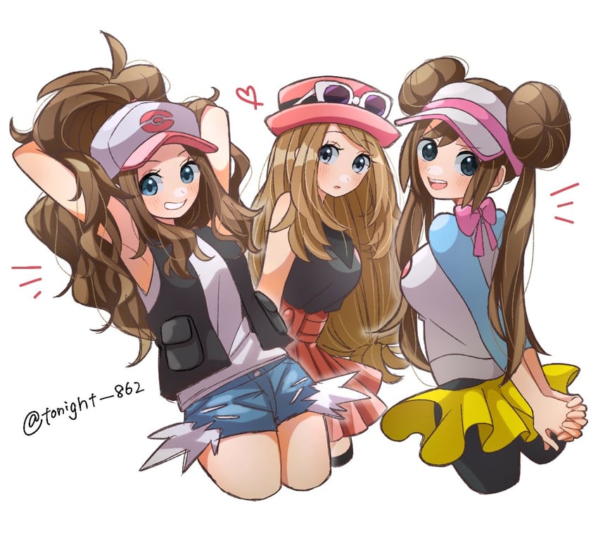 rosa, hilda, and serena (pokemon and 3 more) drawn by rain_(tonight_862)