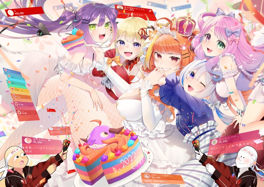 tokoyami towa, amane kanata, kiryu coco, tsunomaki watame, himemori luna, and 1 more (hololive) drawn by isuka