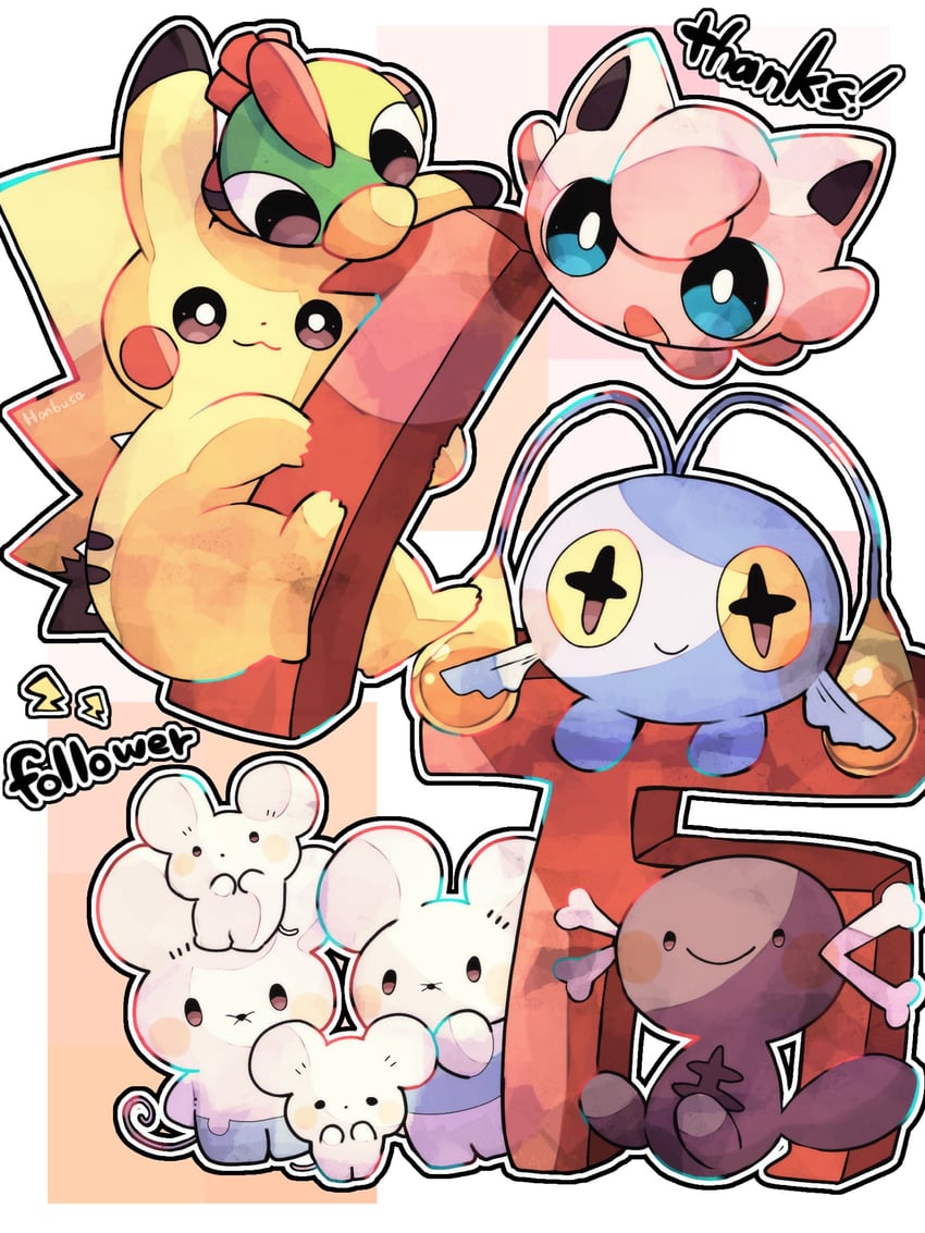pikachu, jigglypuff, natu, paldean wooper, and maushold (pokemon) drawn by hanabusaoekaki