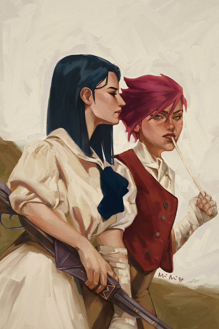 vi, caitlyn, arcane vi, and arcane caitlyn (league of legends and 1 more) drawn by mimimaru