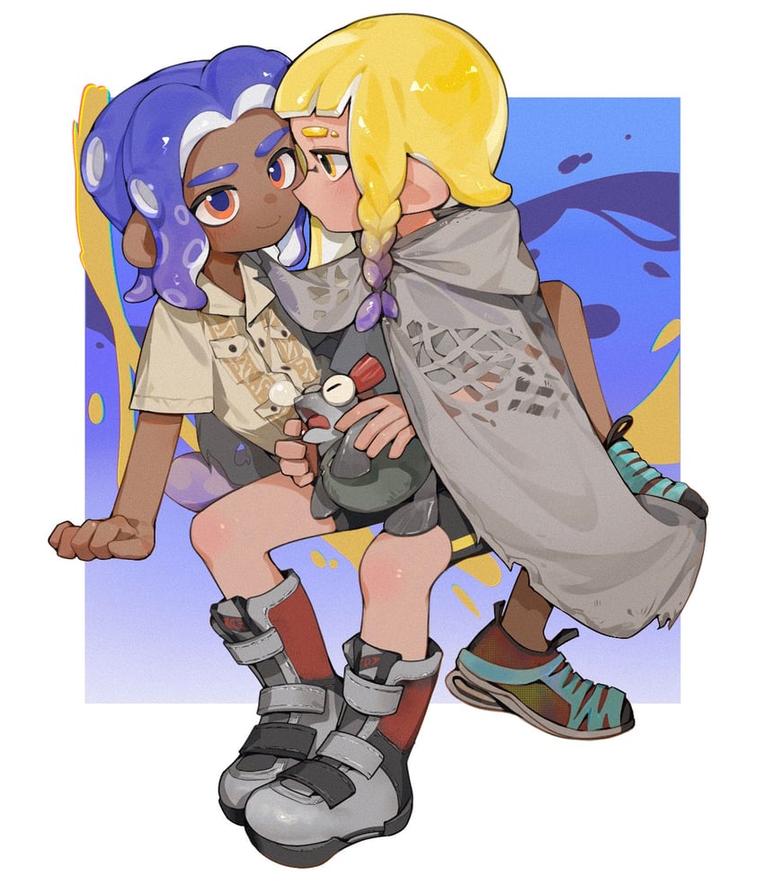 inkling player character, inkling girl, octoling player character, octoling boy, smallfry, and 2 more (splatoon and 1 more) drawn by salted_whale