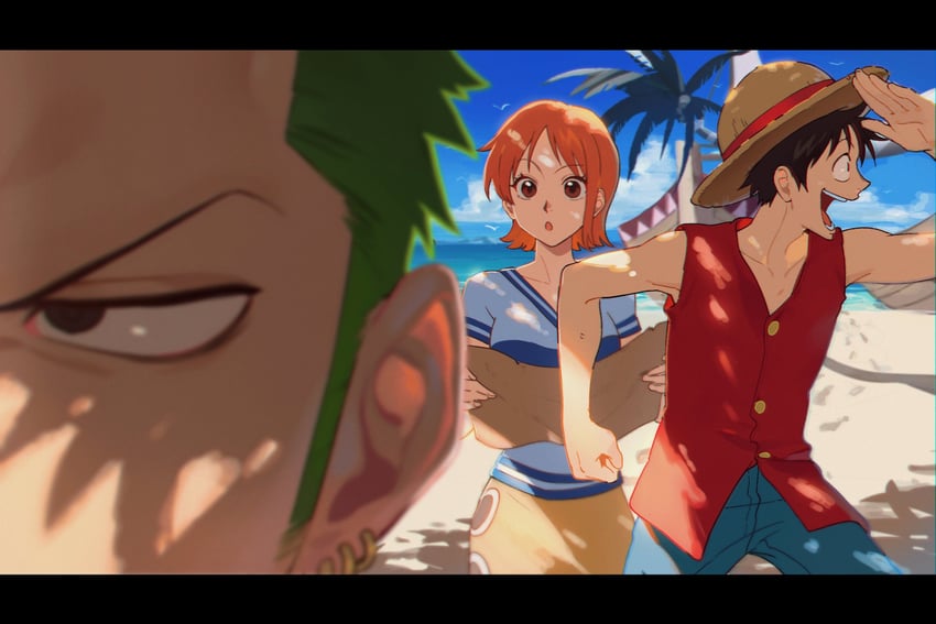 nami, monkey d. luffy, and roronoa zoro (one piece) drawn by qin_(7833198)
