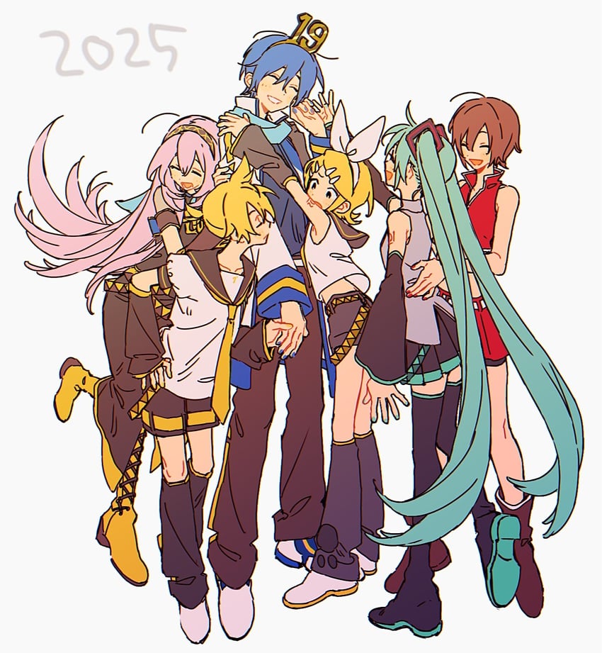 hatsune miku, kagamine rin, kagamine len, megurine luka, kaito, and 1 more (vocaloid) drawn by kiii_4590
