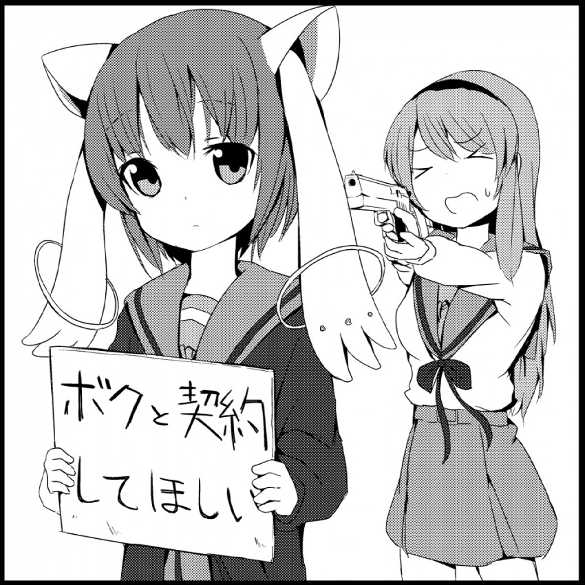 nagato yuki, kyubey, and asahina mikuru (mahou shoujo madoka magica and 1 more) drawn by ogadenmon