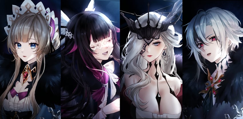 arlecchino, columbina, signora, and sandrone (genshin impact) drawn by kity1211_tetsu