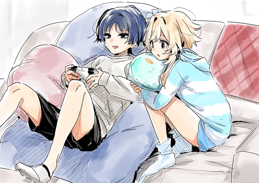 lumine, scaramouche, and slime (genshin impact) drawn by hoht_yeah