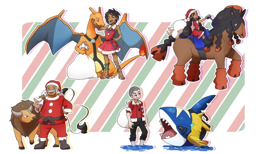 charizard, sharpedo, olivia, nanu, tauros, and 3 more (pokemon and 1 more) drawn by miu_(miuuu_721)