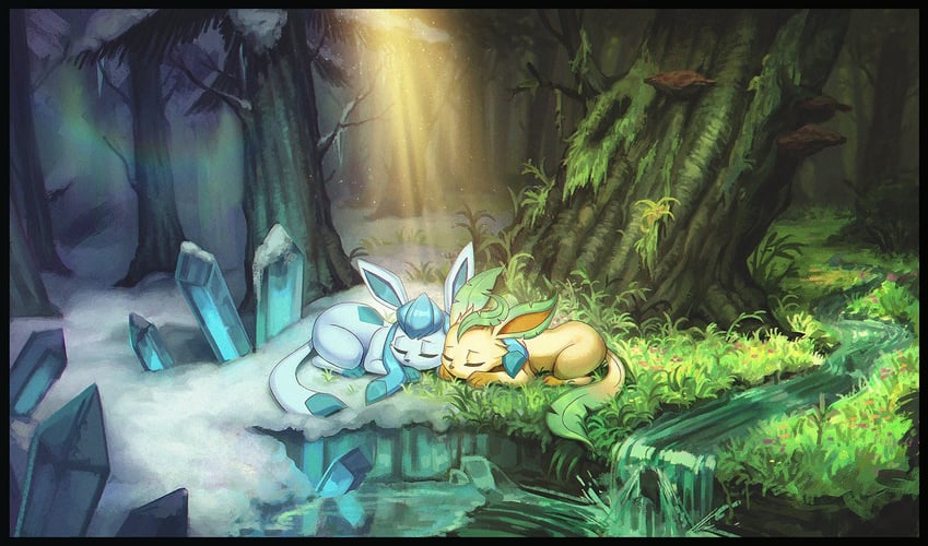 glaceon and leafeon (pokemon) drawn by whispering_for_nothing