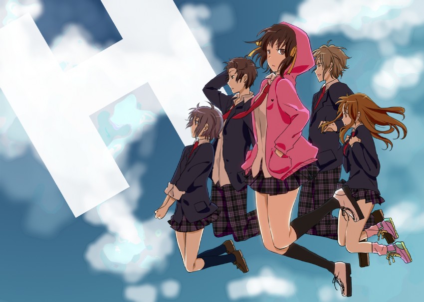 suzumiya haruhi, nagato yuki, asahina mikuru, kyon, and koizumi itsuki (k-on! and 1 more) drawn by kzr_(siesta)