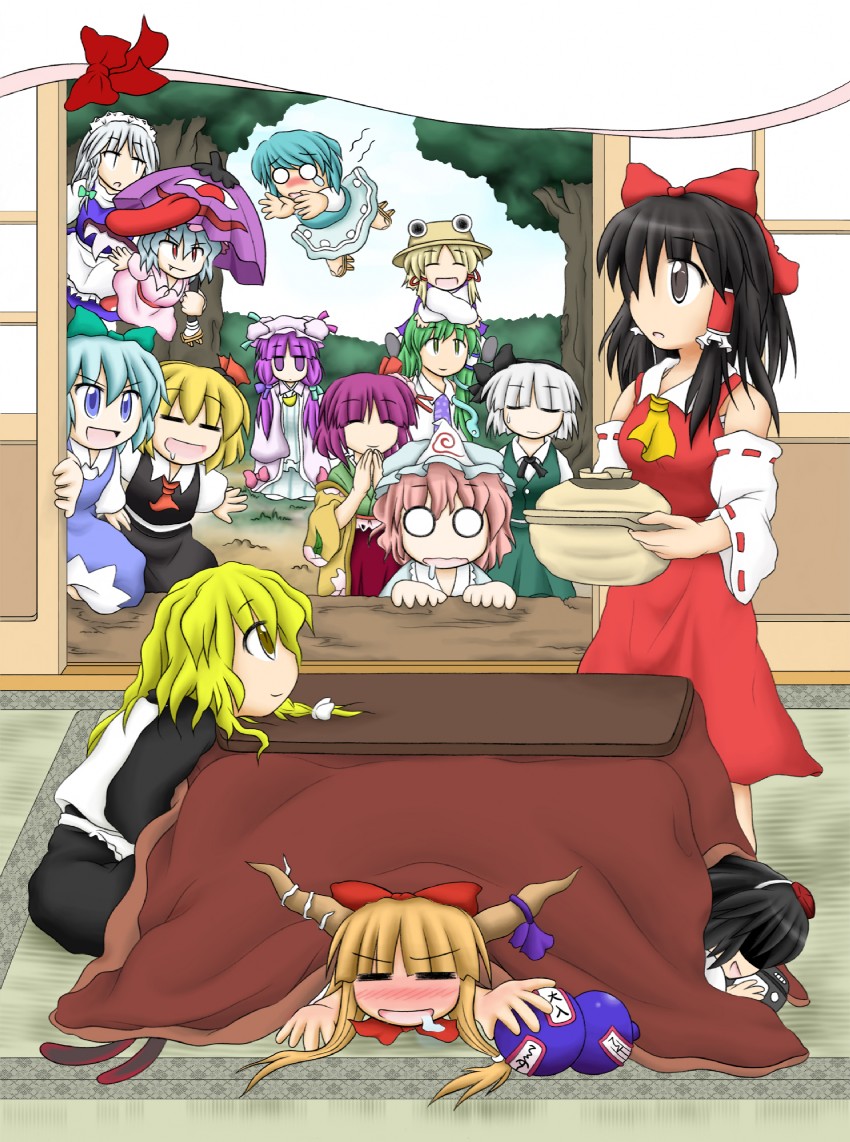 hakurei reimu, kirisame marisa, remilia scarlet, izayoi sakuya, kochiya sanae, and 12 more (touhou) drawn by sakaki_kyouka