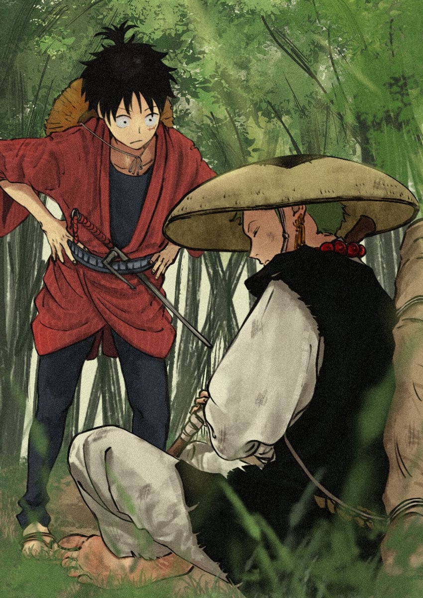 monkey d. luffy and roronoa zoro (one piece) drawn by 7nawon