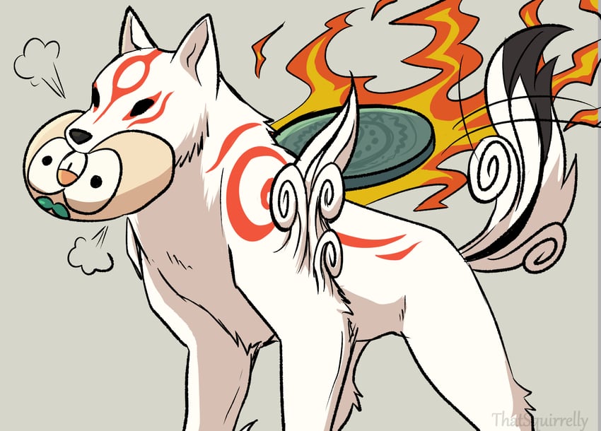 rowlet and amaterasu (pokemon and 1 more) drawn by isso_(thatsquirrelly)