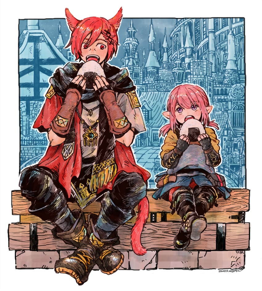 warrior of light, g'raha tia, and hikasen (final fantasy and 1 more) drawn by itowo_(itowc)