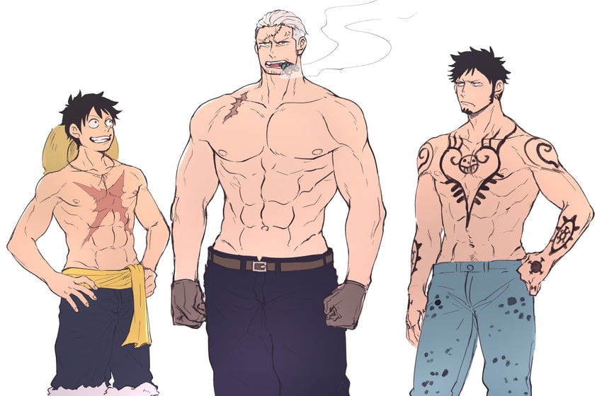 monkey d. luffy, trafalgar law, and smoker (one piece) drawn by yamakazi47