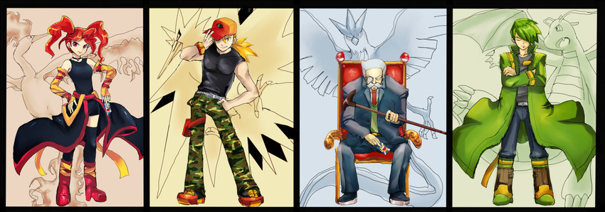 dragonite, articuno, zapdos, moltres, courtney, and 3 more (pokemon and 2 more) drawn by byte_(grunty-hag1)
