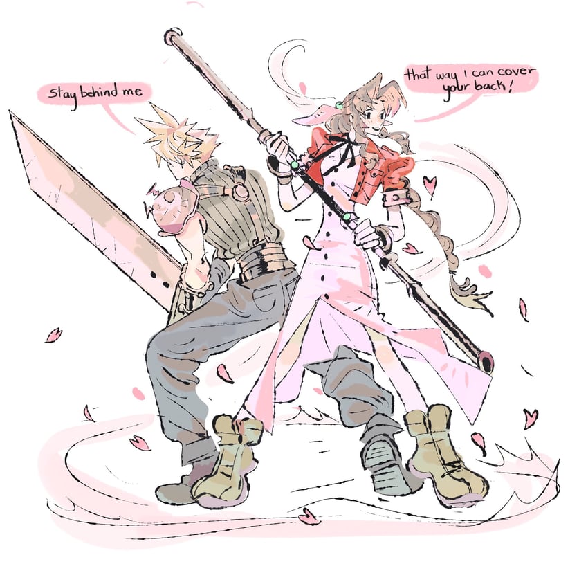 cloud strife and aerith gainsborough (final fantasy and 1 more) drawn by jaysoysaucee