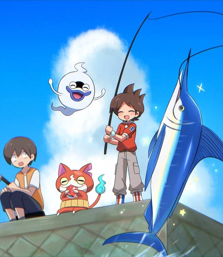 jibanyan, whisper, and amano keita (youkai watch) drawn by koko_ue