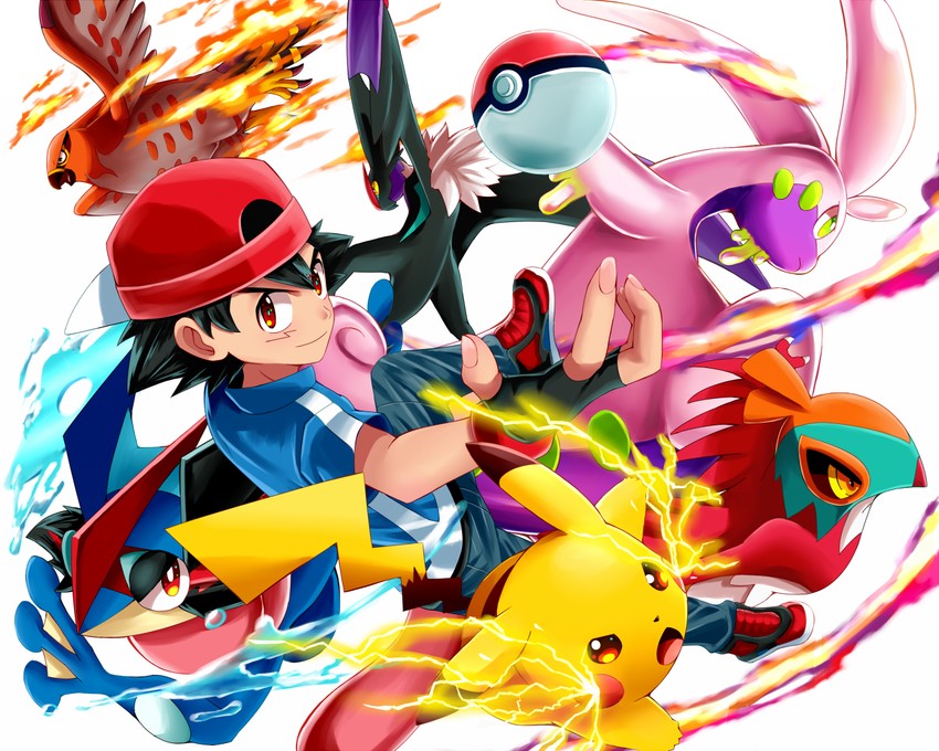 pikachu, ash ketchum, greninja, goodra, talonflame, and 3 more (pokemon and 1 more) drawn by butchii