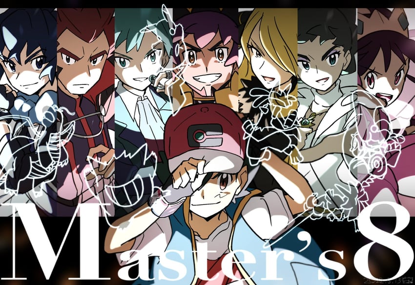 pikachu, cynthia, ash ketchum, leon, lucario, and 8 more (pokemon and 1 more) drawn by ueda_hanako