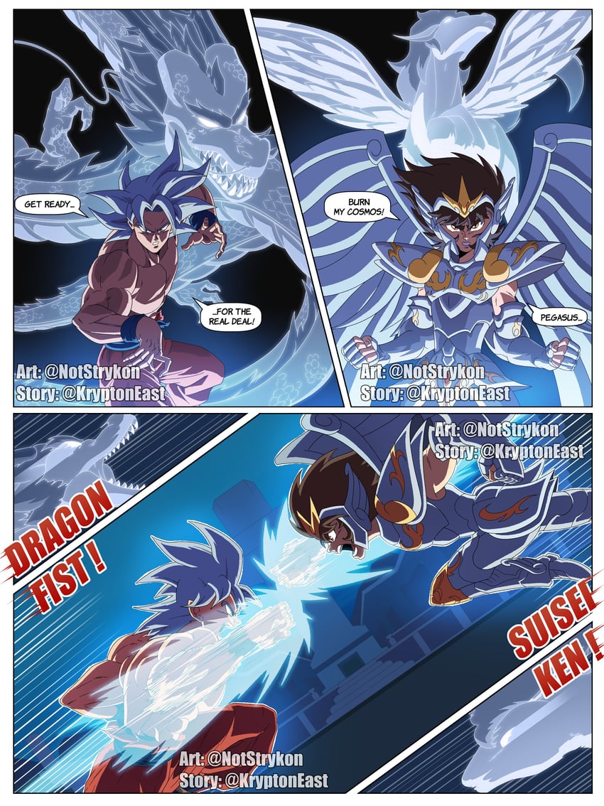 son goku and pegasus seiya (dragon ball and 2 more) drawn by notstrykon
