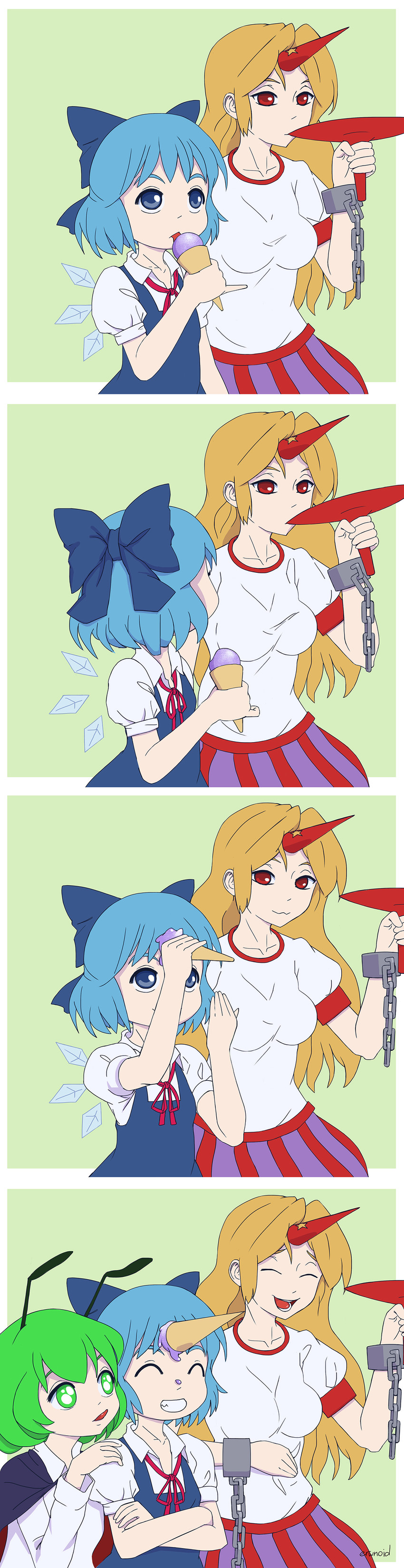 cirno, hoshiguma yuugi, and wriggle nightbug (touhou) drawn by erwnoid