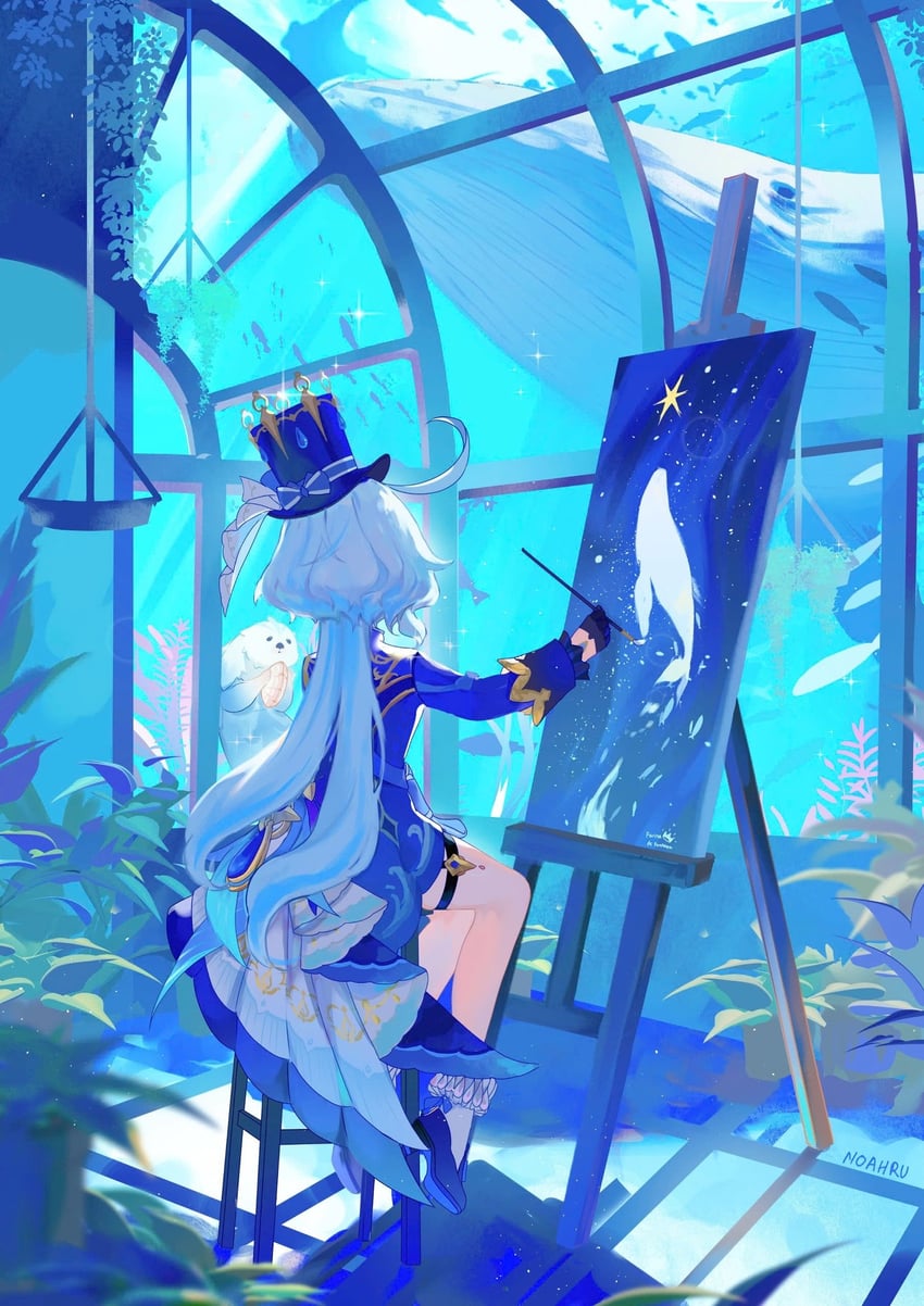 furina, leisurely otter, and all-devouring narwhal (genshin impact) drawn by xnoahru
