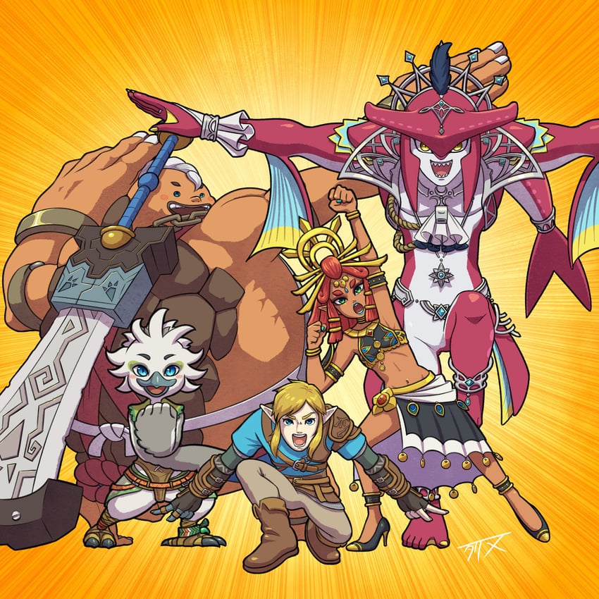 link, sidon, riju, tulin, and yunobo (the legend of zelda and 4 more) drawn by gechotaris