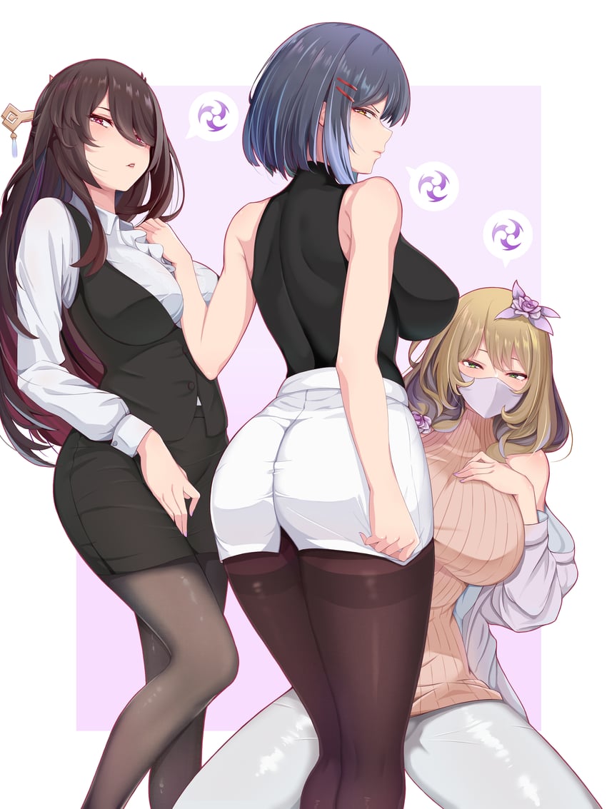 lisa, kujou sara, and beidou (genshin impact) drawn by potato_h
