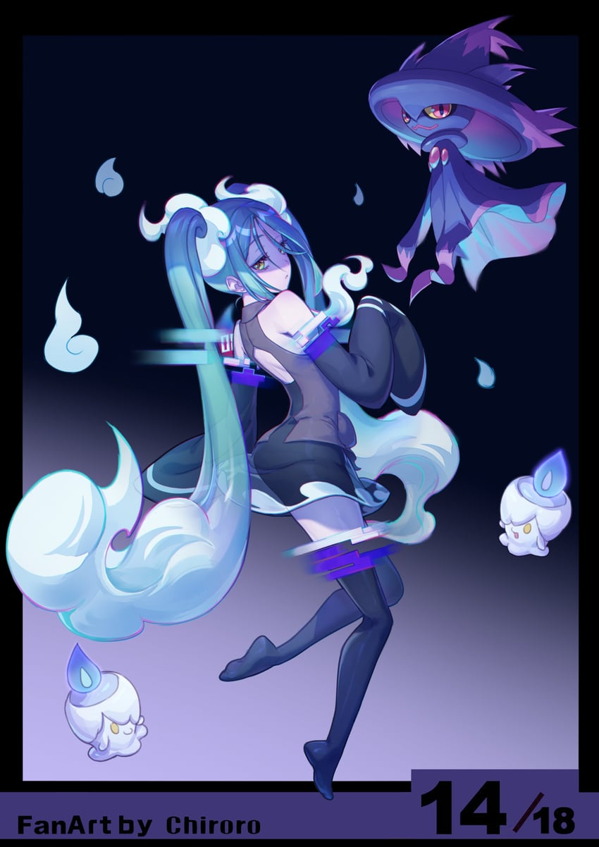 hatsune miku, litwick, mismagius, and ghost miku (pokemon and 2 more) drawn by chiroro_(joy_jun_cool)