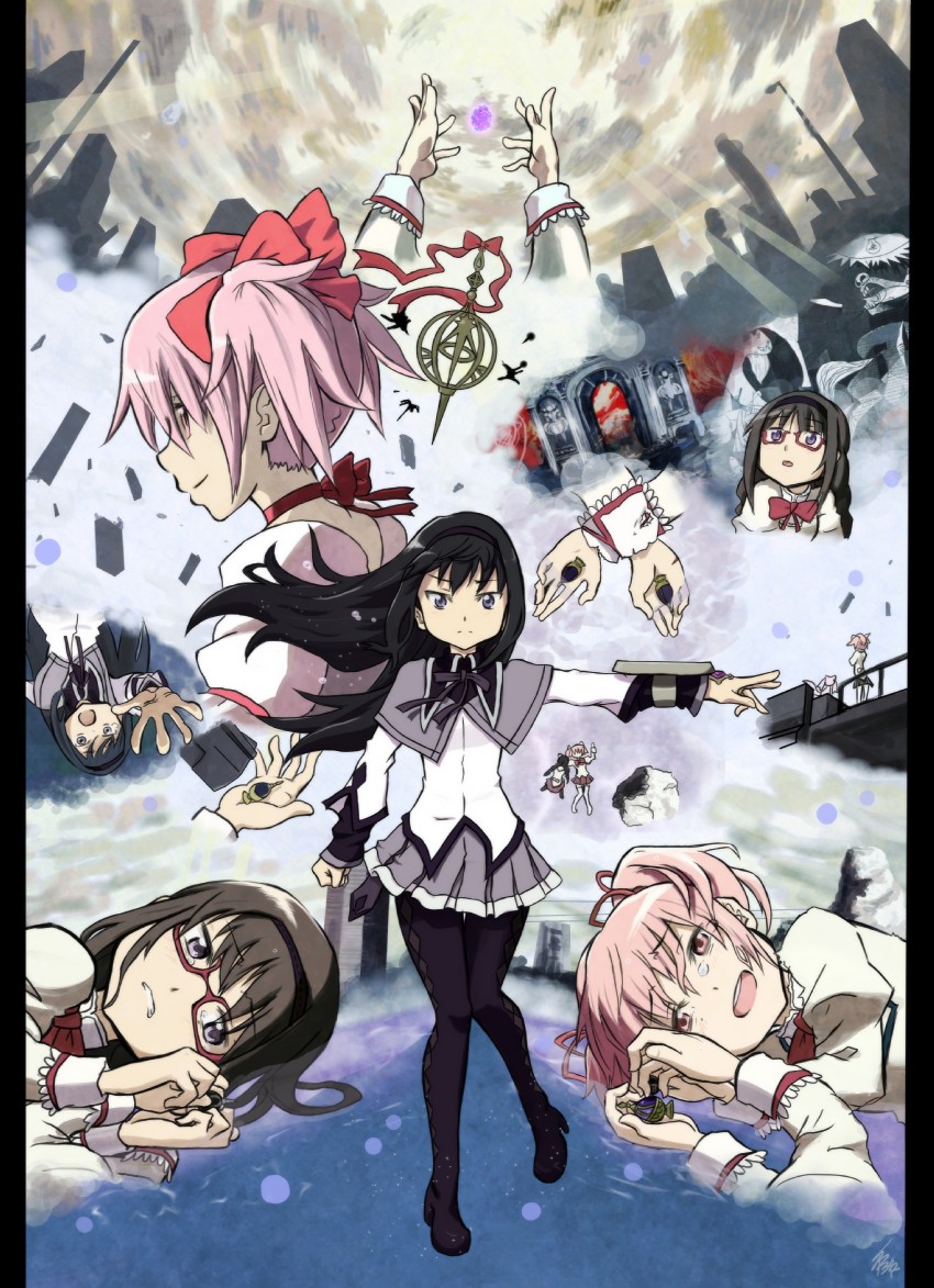 akemi homura, kaname madoka, kyubey, and izabel (mahou shoujo madoka magica) drawn by shuuwa