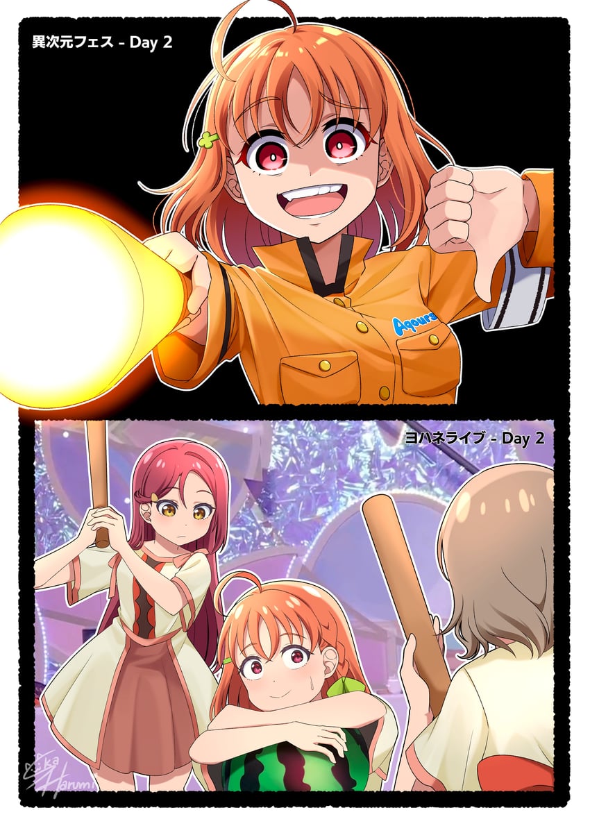 watanabe you, sakurauchi riko, takami chika, you, riko, and 1 more (love live! and 2 more) drawn by ska.harumi