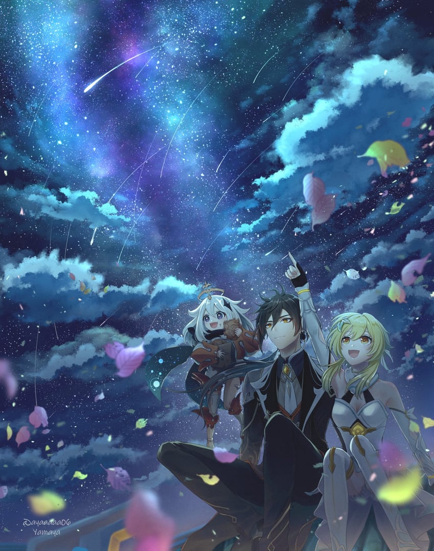 lumine, zhongli, and paimon (genshin impact) drawn by yamaya_aya