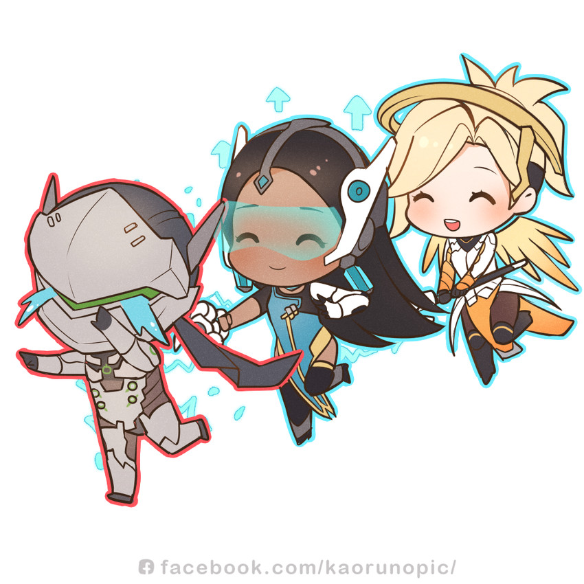 mercy, genji, and symmetra (overwatch and 1 more) drawn by kaoruru_(sakuno2911)