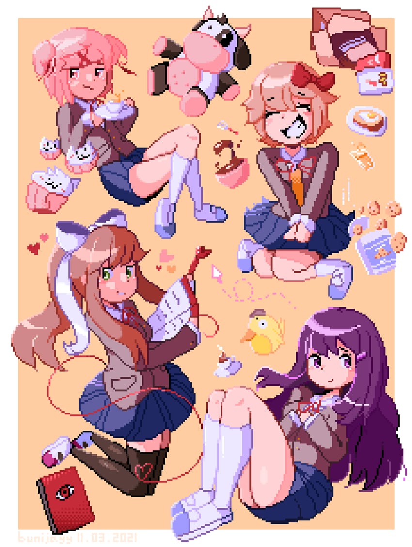 monika, natsuki, yuri, and sayori (doki doki literature club) drawn by bunijayy
