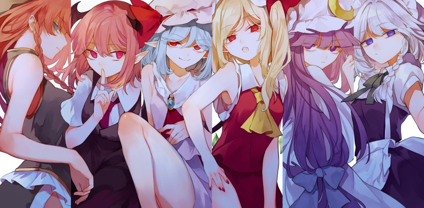 remilia scarlet, flandre scarlet, izayoi sakuya, patchouli knowledge, hong meiling, and 1 more (touhou and 1 more) drawn by risui_(suzu_rks)
