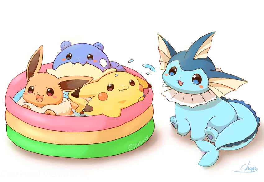 pikachu, eevee, vaporeon, and spheal (pokemon) drawn by mimix