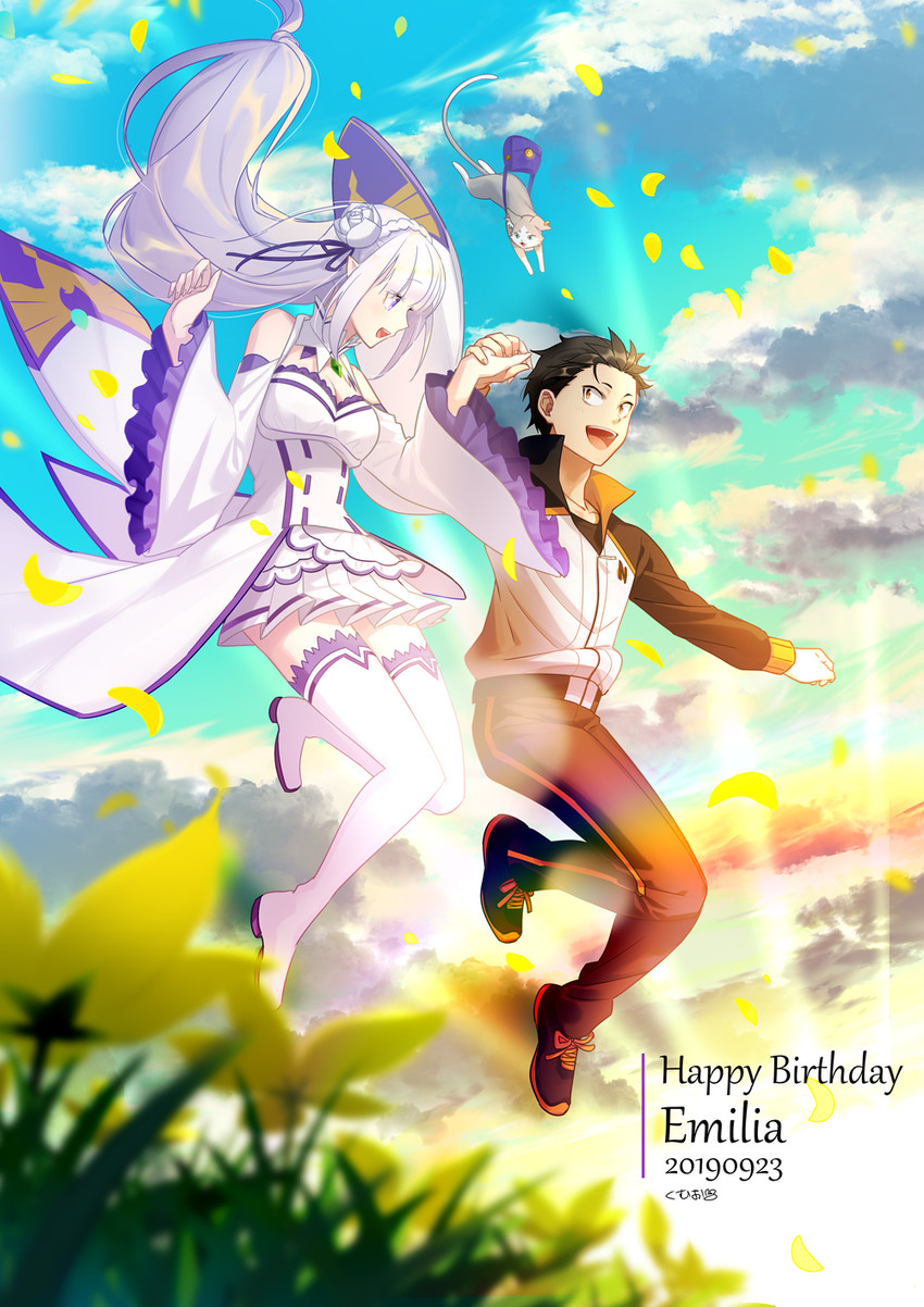 emilia, natsuki subaru, and puck (re:zero kara hajimeru isekai seikatsu) drawn by kumuo_(mirakurufusao)