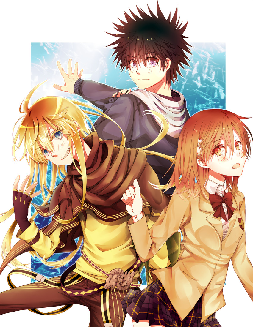 misaka mikoto, kamijou touma, and thor (toaru majutsu no index and 1 more) drawn by kanata_(mizubenisumutori)