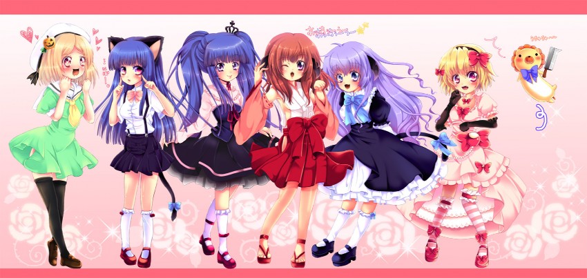 furude rika, houjou satoko, hanyuu, frederica bernkastel, ushiromiya maria, and 3 more (higurashi no naku koro ni and 1 more) drawn by juugoya_neko