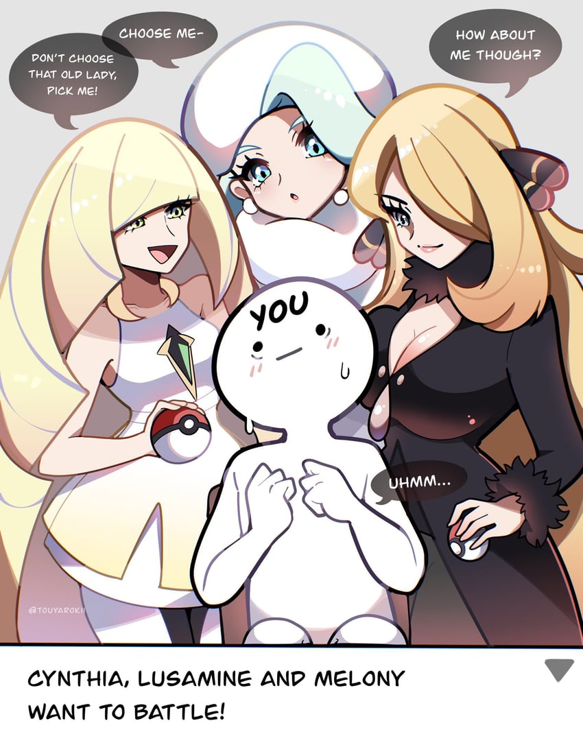 cynthia, lusamine, and melony (pokemon and 3 more) drawn by touyarokii