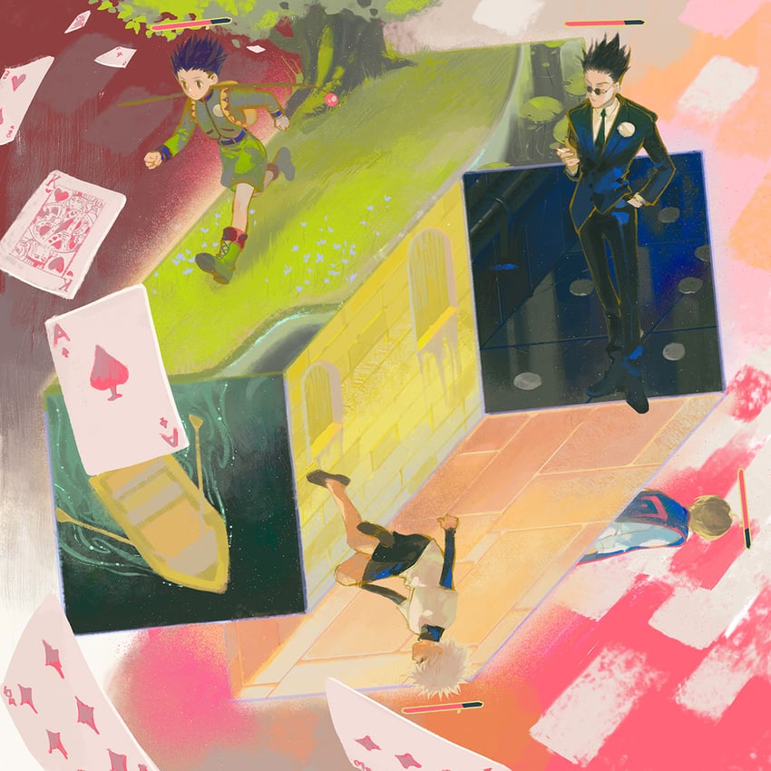 killua zoldyck, kurapika, gon freecss, and leorio paladiknight (hunter x hunter) drawn by hengwen