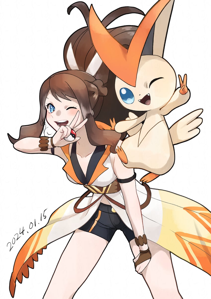 hilda and victini (pokemon and 1 more) drawn by harota_615