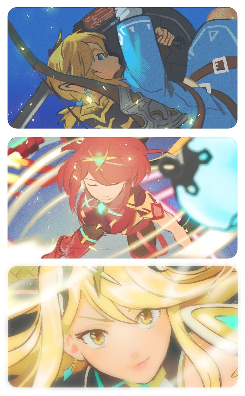 link, pyra, and mythra (the legend of zelda and 4 more) drawn by uzucake