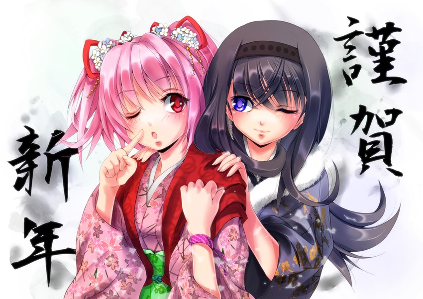 akemi homura and kaname madoka (mahou shoujo madoka magica) drawn by amayofuu