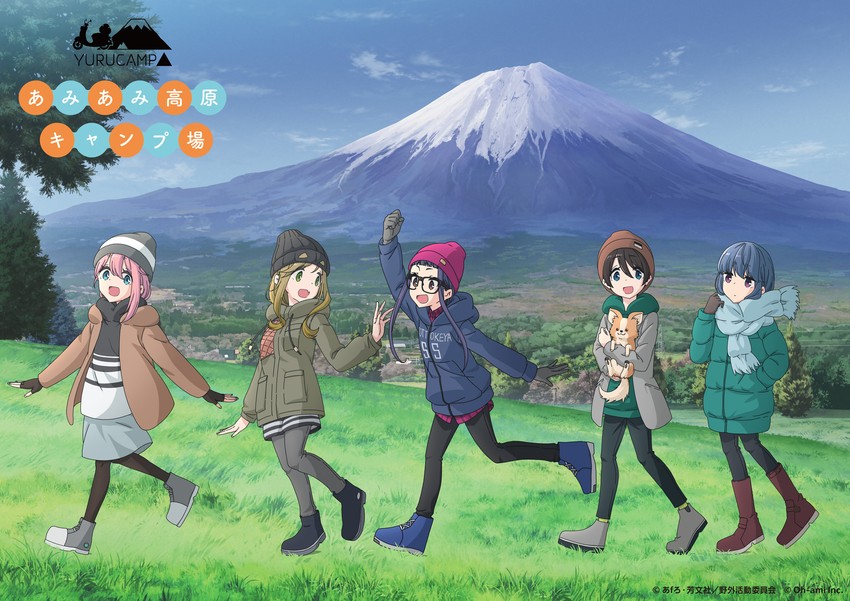 shima rin, kagamihara nadeshiko, inuyama aoi, oogaki chiaki, saitou ena, and 1 more (yurucamp) drawn by tsutsumiya_noriko