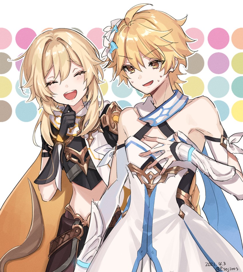 lumine and aether (genshin impact) drawn by amaichi_esora