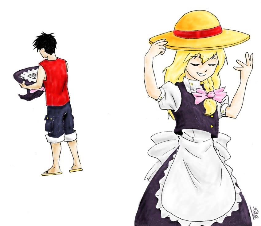 kirisame marisa and monkey d. luffy (touhou and 1 more) drawn by sab-chan