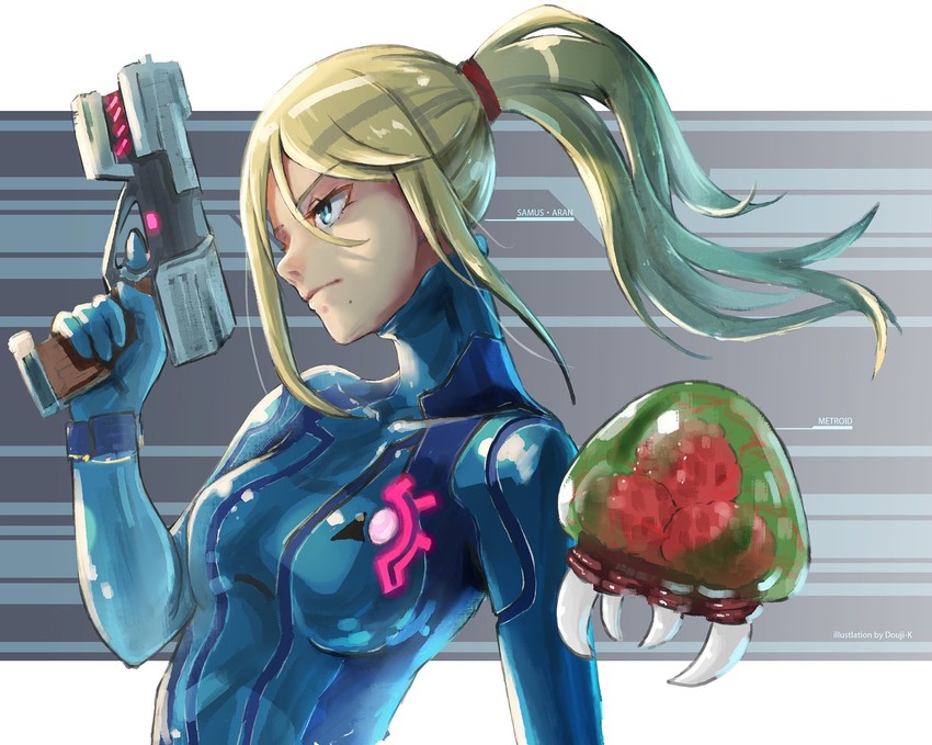 samus aran, metroid, and metroid larva (metroid) drawn by kuroneko_douji