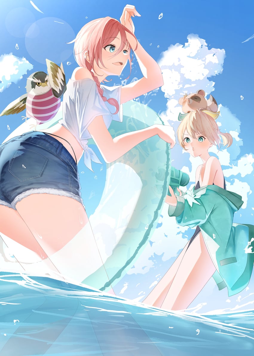 kazama iroha, takane lui, pokobee, and ganmo (hololive) drawn by rin_(rin_illust_0805)